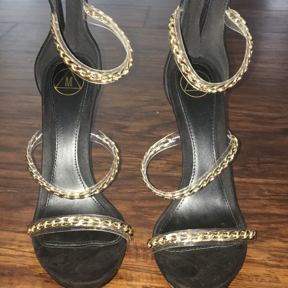 Black and gold chain heels